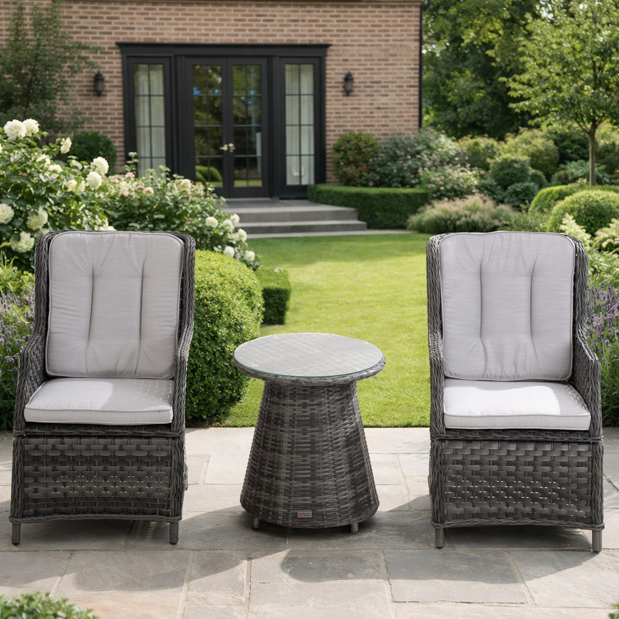 3 Piece Grey Rattan Bistro Set - Outdoor Garden Table and Chairs