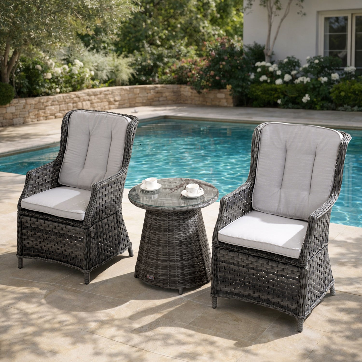 3 Piece Grey Rattan Bistro Set - Outdoor Garden Table and Chairs