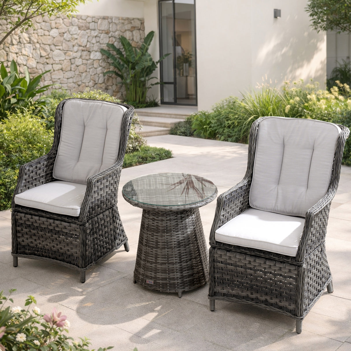 3 Piece Grey Rattan Bistro Set - Outdoor Garden Table and Chairs