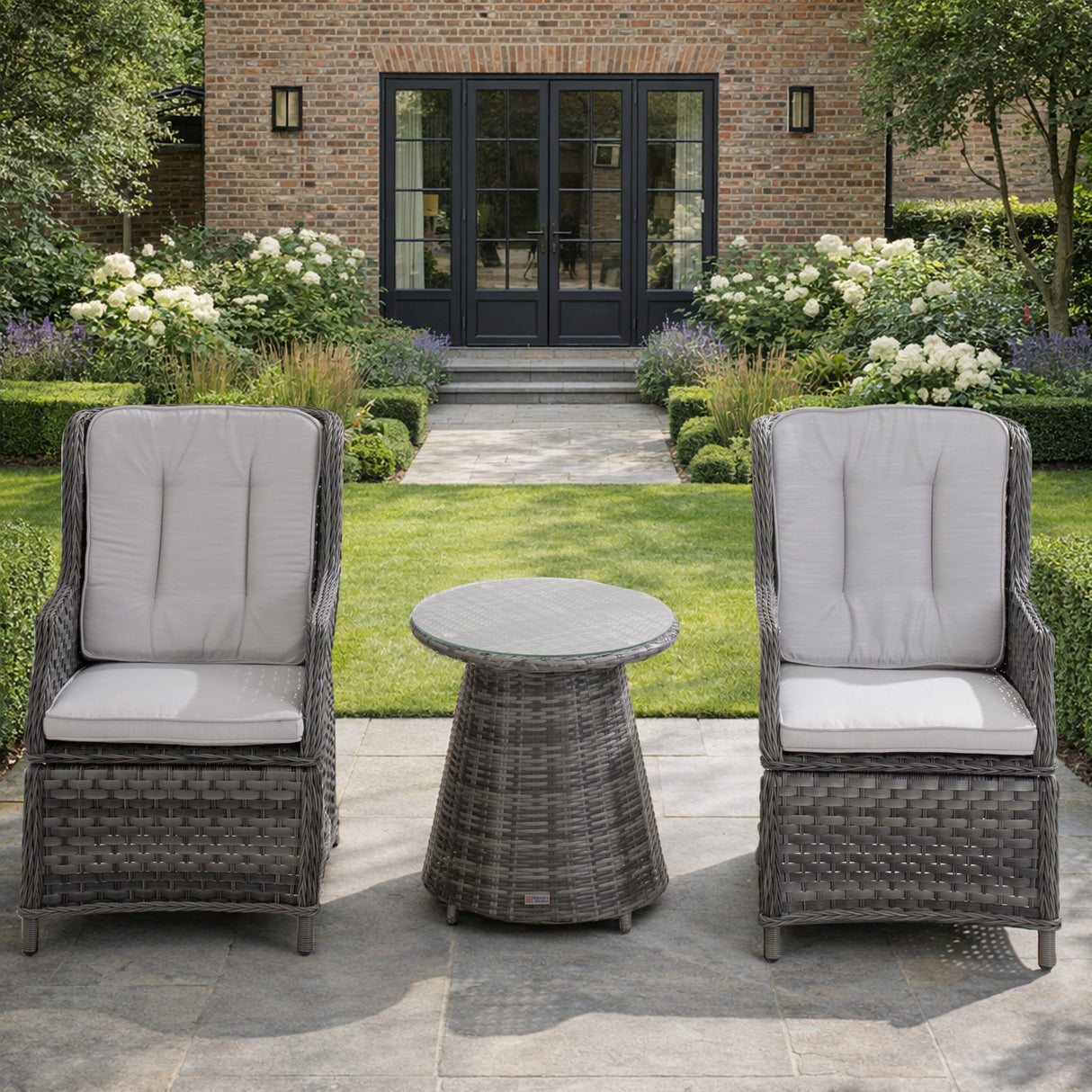 3 Piece Grey Rattan Bistro Set - Outdoor Garden Table and Chairs