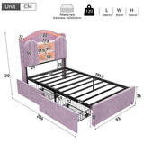 3ft Single Kids Upholstered Bed - House-Inspired LED Storage Headboard, Charging Station and 2 Reversible Drawers, Purple