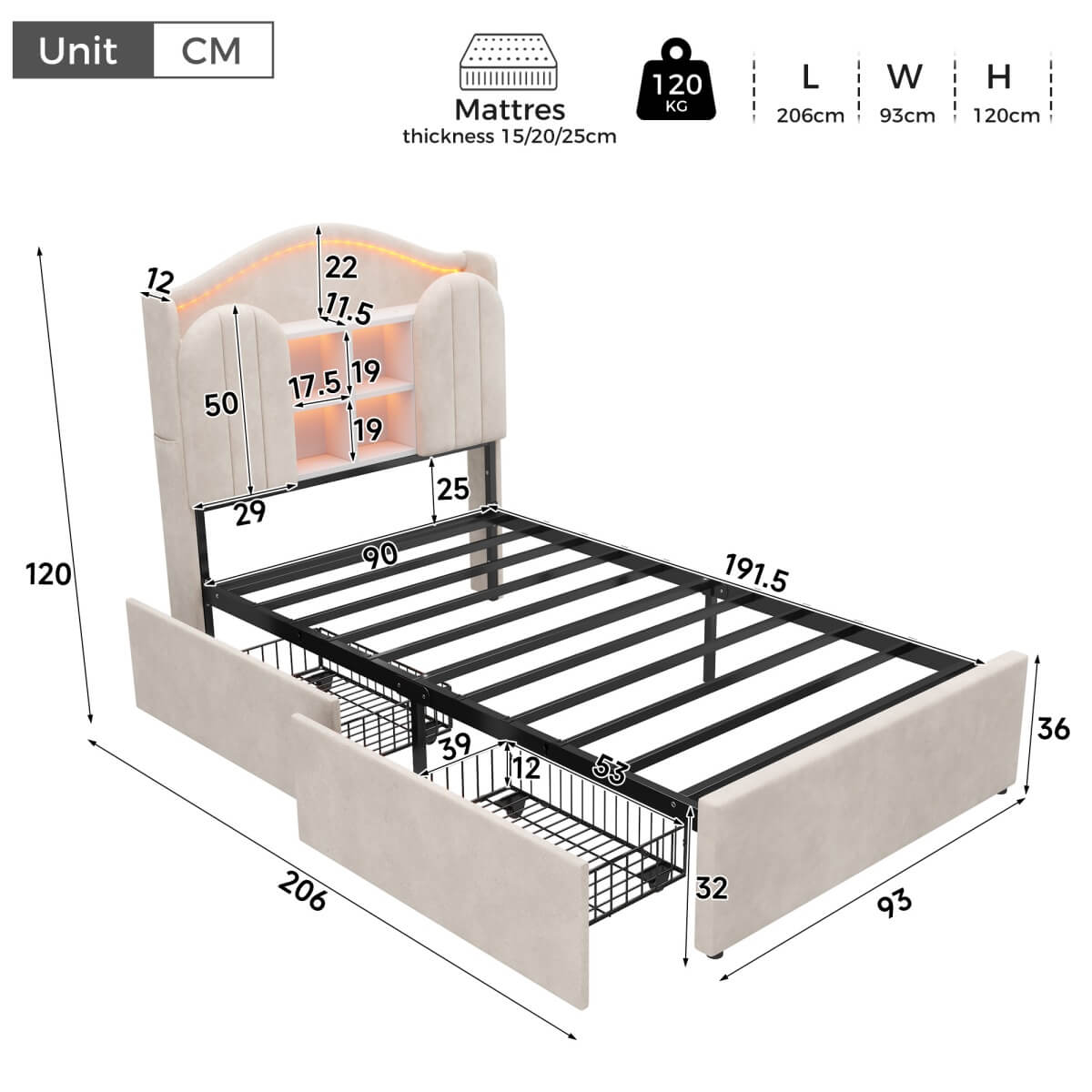 3ft Single Kids Upholstered Bed - House-Inspired LED Storage Headboard, Charging Station and 2 Reversible Drawers, Cream White