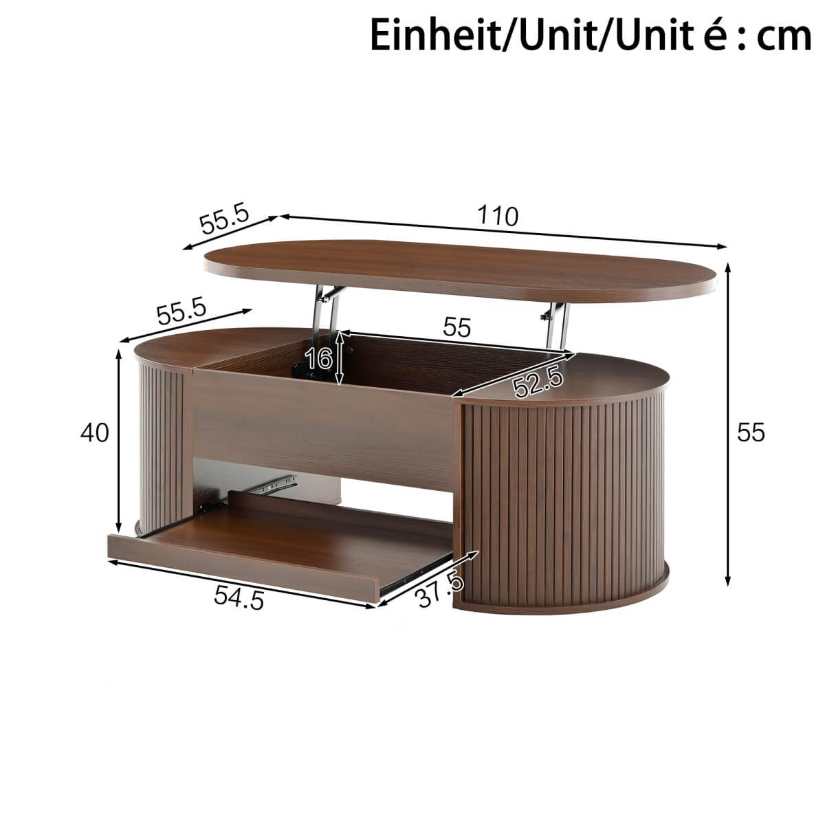 Lift-Top Coffee Table with Curved Wood Sides - Extendable Storage Centre Table for Living Room