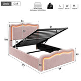 3ft Single Velvet Ottoman Storage Bed - Upholstered Hydraulic Bed with LED Lights, Wave Headboard and Metal Slatted Base, Pink
