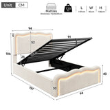 3ft Single Velvet Ottoman Storage Bed - Upholstered Hydraulic Bed with LED Lights, Wave Headboard and Metal Slatted Base, Cream White