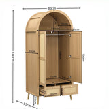 180cm Rattan Effect 2 Door Wardrobe with Arched Top - Natural Oak Storage Wardrobe with Hanging Rail, Display Shelf and 2 Drawers