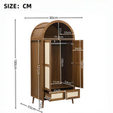 180cm Rattan Effect 2 Door Wardrobe with Arched Top - Walnut and Beige Storage Wardrobe with Hanging Rail, Display Shelf and 2 Drawers