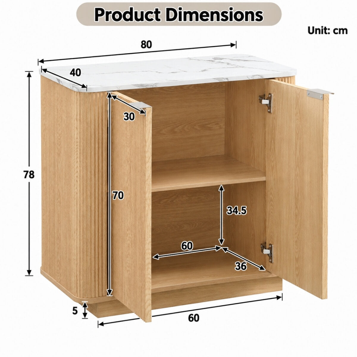 Fluted 2-Door Sideboard - Oak Effect with Marble Effect Top, 2-Tier Shelves, Rounded Corners and Metal Handles