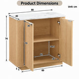Fluted 2-Door Sideboard - Oak Effect with Marble Effect Top, 2-Tier Shelves, Rounded Corners and Metal Handles
