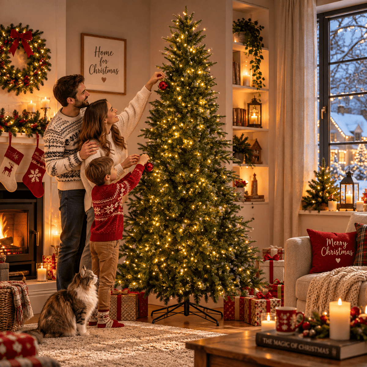 Pre-Lit Artificial Christmas Tree - Realistic Full Green Xmas Tree with LED Lights for Indoor Home Decoration