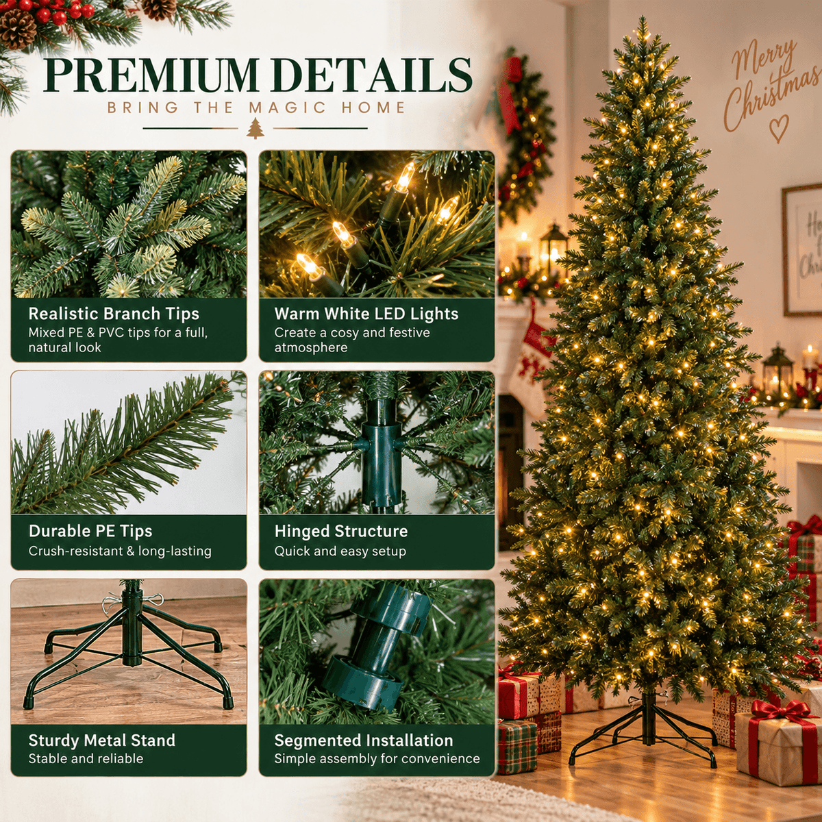 Pre-Lit Artificial Christmas Tree - Realistic Full Green Xmas Tree with LED Lights for Indoor Home Decoration