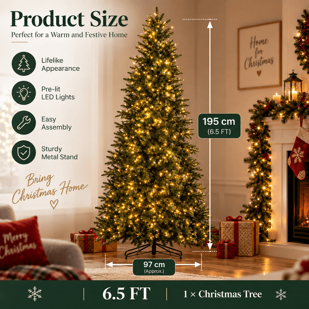 Pre-Lit Artificial Christmas Tree - Realistic Full Green Xmas Tree with LED Lights for Indoor Home Decoration