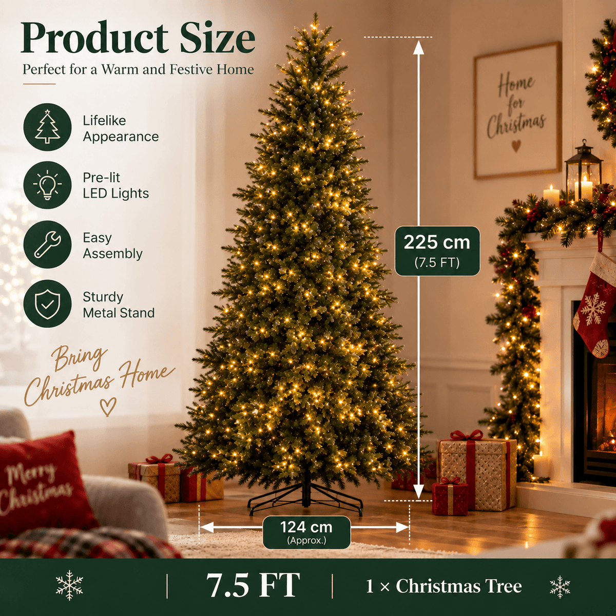 Pre-Lit Artificial Christmas Tree - Realistic Full Green Xmas Tree with LED Lights for Indoor Home Decoration
