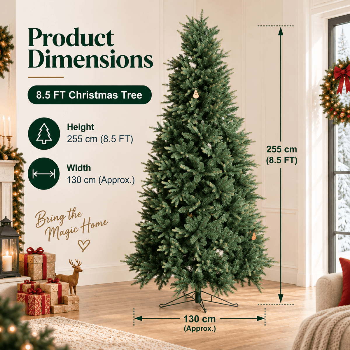 Realistic Full Green PE & PVC Artificial Christmas Tree - Lush Mixed-Foliage Xmas Tree for Festive Home Decoration, 6.5ft/7.5ft/8.5ft