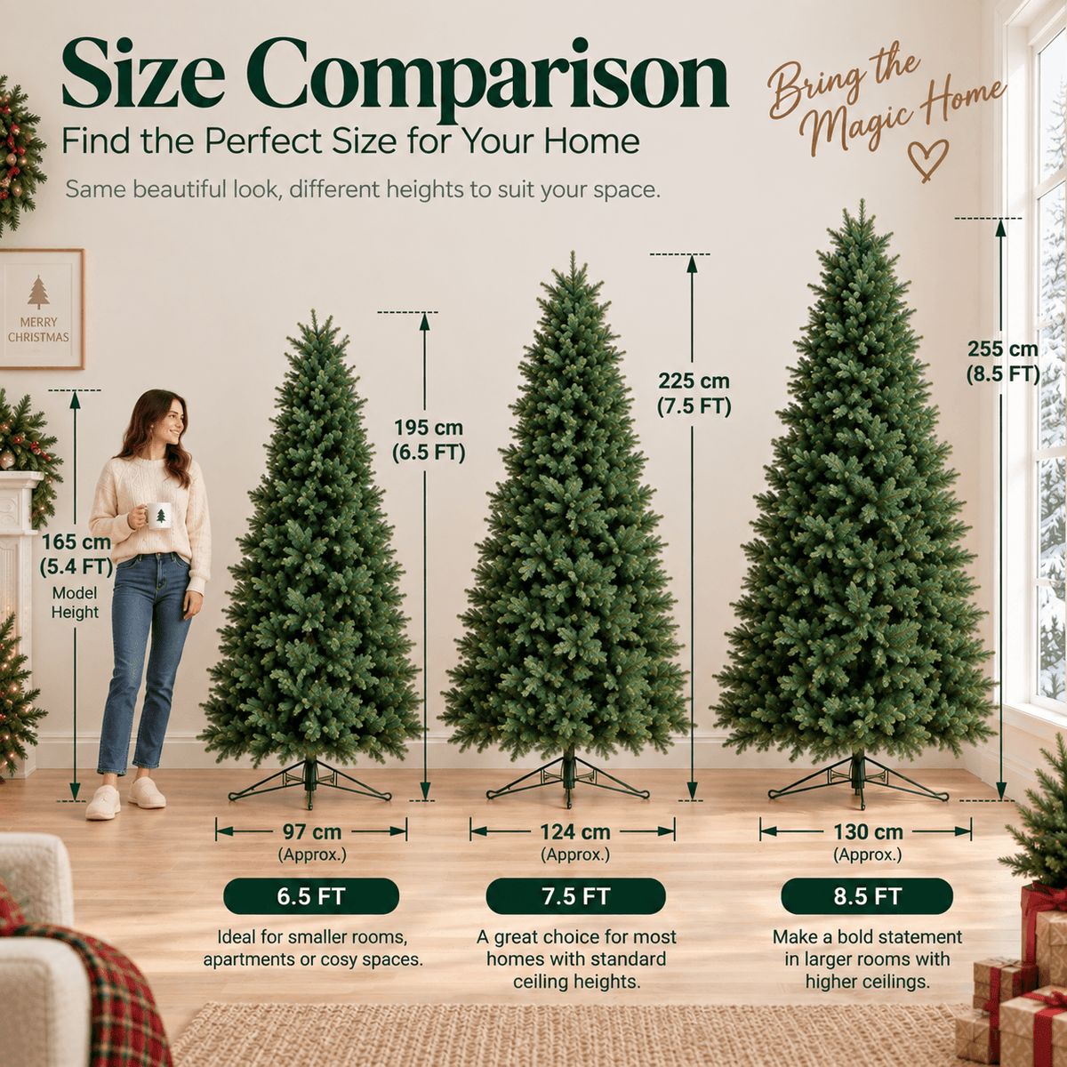 Realistic Full Green PE & PVC Artificial Christmas Tree - Lush Mixed-Foliage Xmas Tree for Festive Home Decoration, 6.5ft/7.5ft/8.5ft