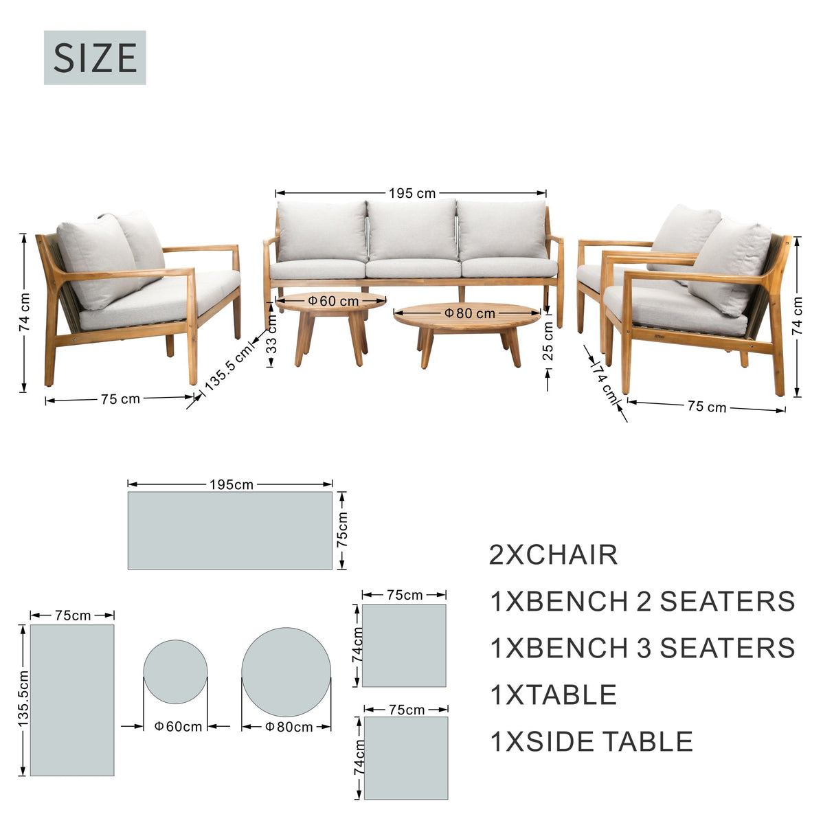SOLARA 6-Piece Wood Outdoor Sofa Set - 7-Seater