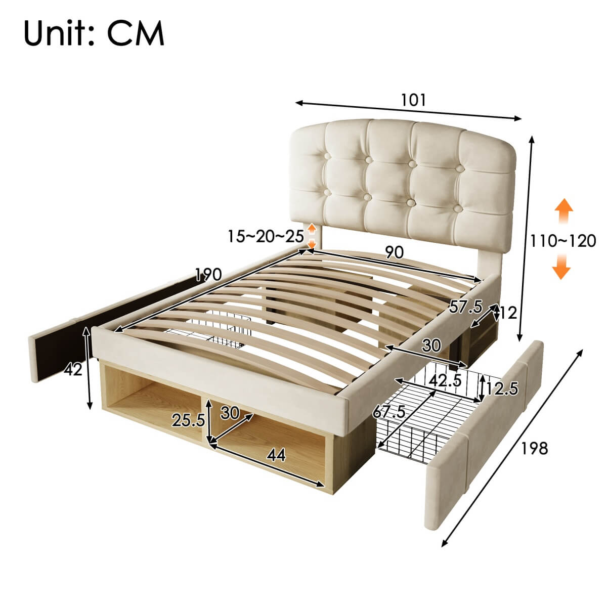 3ft Single Velvet Storage Bed - Upholstered Bed Frame with Drawers and Adjustable Headboard, Beige