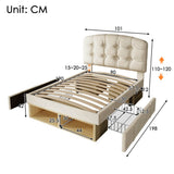 3ft Single Velvet Storage Bed - Upholstered Bed Frame with Drawers and Adjustable Headboard, Beige
