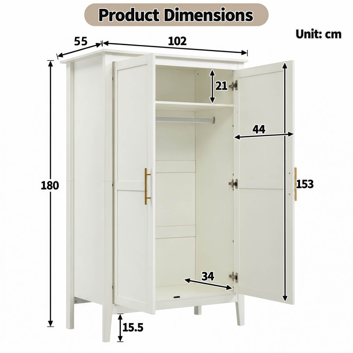 2-Door Freestanding Wardrobe - Hanging Rail, Storage Shelf, Gold Handles and Raised Legs, Cream White