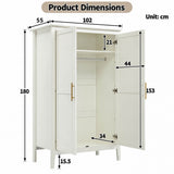 2-Door Freestanding Wardrobe - Hanging Rail, Storage Shelf, Gold Handles and Raised Legs, Cream White