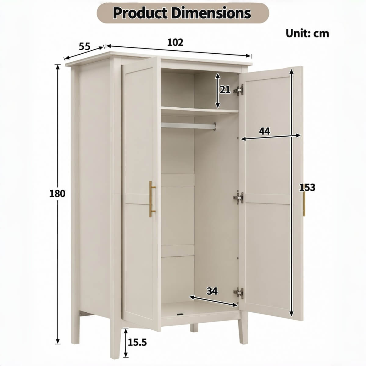 2-Door Freestanding Wardrobe - Hanging Rail, Storage Shelf, Gold Handles and Raised Legs, Cashmere