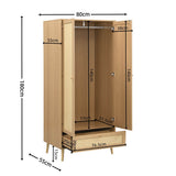 2 Door Rattan Effect Wardrobe with Drawer - Bedroom Storage Cabinet with Hanging Rail and Raised Legs, Natural Oak