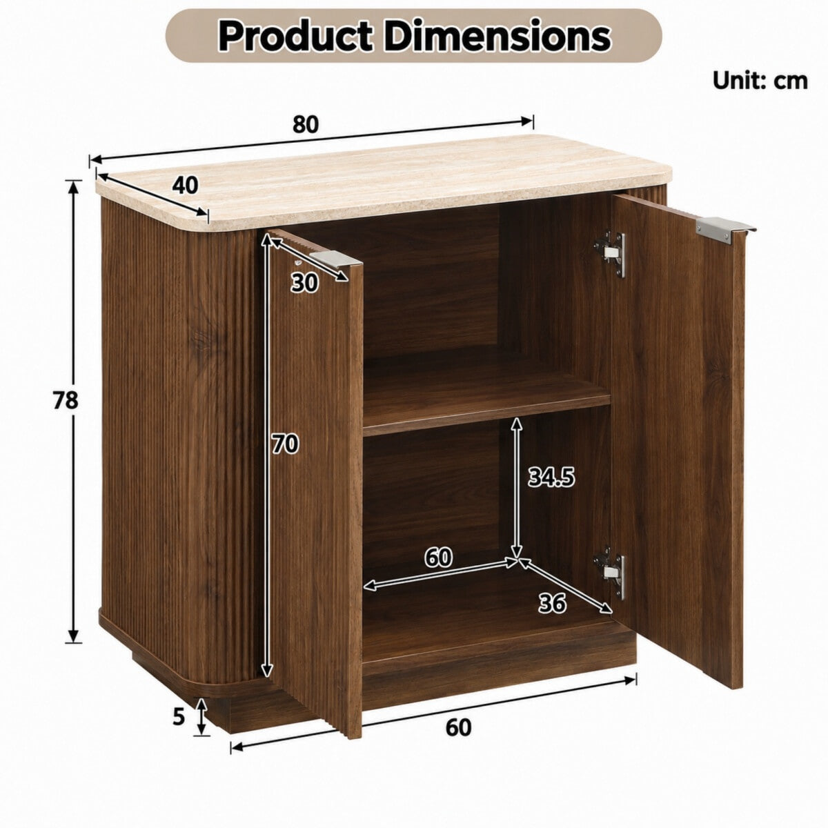 Fluted 2-Door Sideboard - Walnut Effect with Travertine Effect Top, 2-Tier Shelves, Rounded Corners and Metal Handles