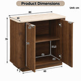 Fluted 2-Door Sideboard - Walnut Effect with Travertine Effect Top, 2-Tier Shelves, Rounded Corners and Metal Handles