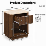 Set of 2 Modern Fluted Bedside Tables - Walnut Effect with Travertine Effect Tops, Drawer and Open Shelf