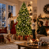 Snow Flocked Artificial Christmas Tree with Pine Cones - Full PVC Xmas Tree with 8-Mode Warm White LED Lights, 6ft/7ft