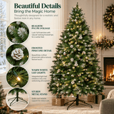 Snow Flocked Artificial Christmas Tree with Pine Cones - Full PVC Xmas Tree with 8-Mode Warm White LED Lights, 6ft/7ft