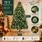 Snow Flocked Artificial Christmas Tree with Pine Cones - Full PVC Xmas Tree with 8-Mode Warm White LED Lights, 6ft/7ft