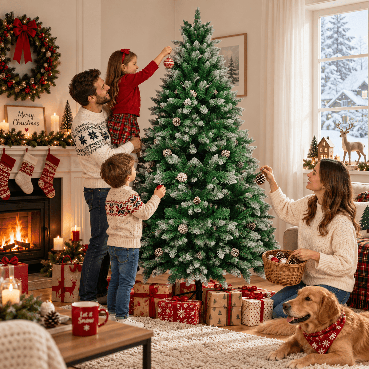 Snow-Flocked Artificial Christmas Tree with Pine Cones - Realistic Green Xmas Tree for Indoor Home Decoration