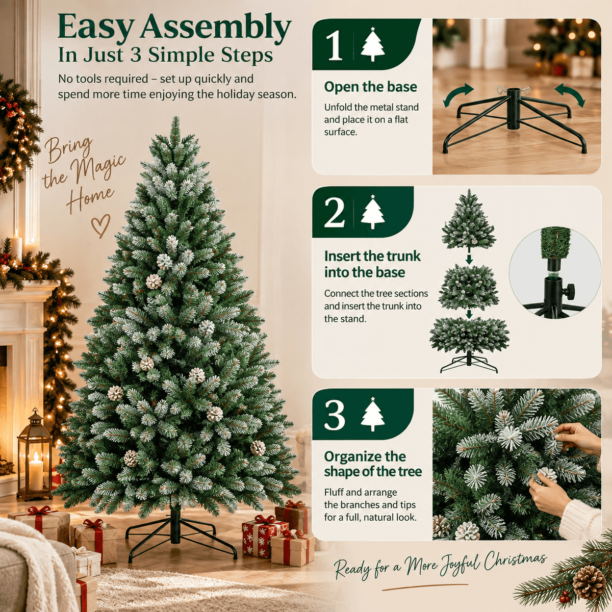 Snow-Flocked Artificial Christmas Tree with Pine Cones - Realistic Green Xmas Tree for Indoor Home Decoration