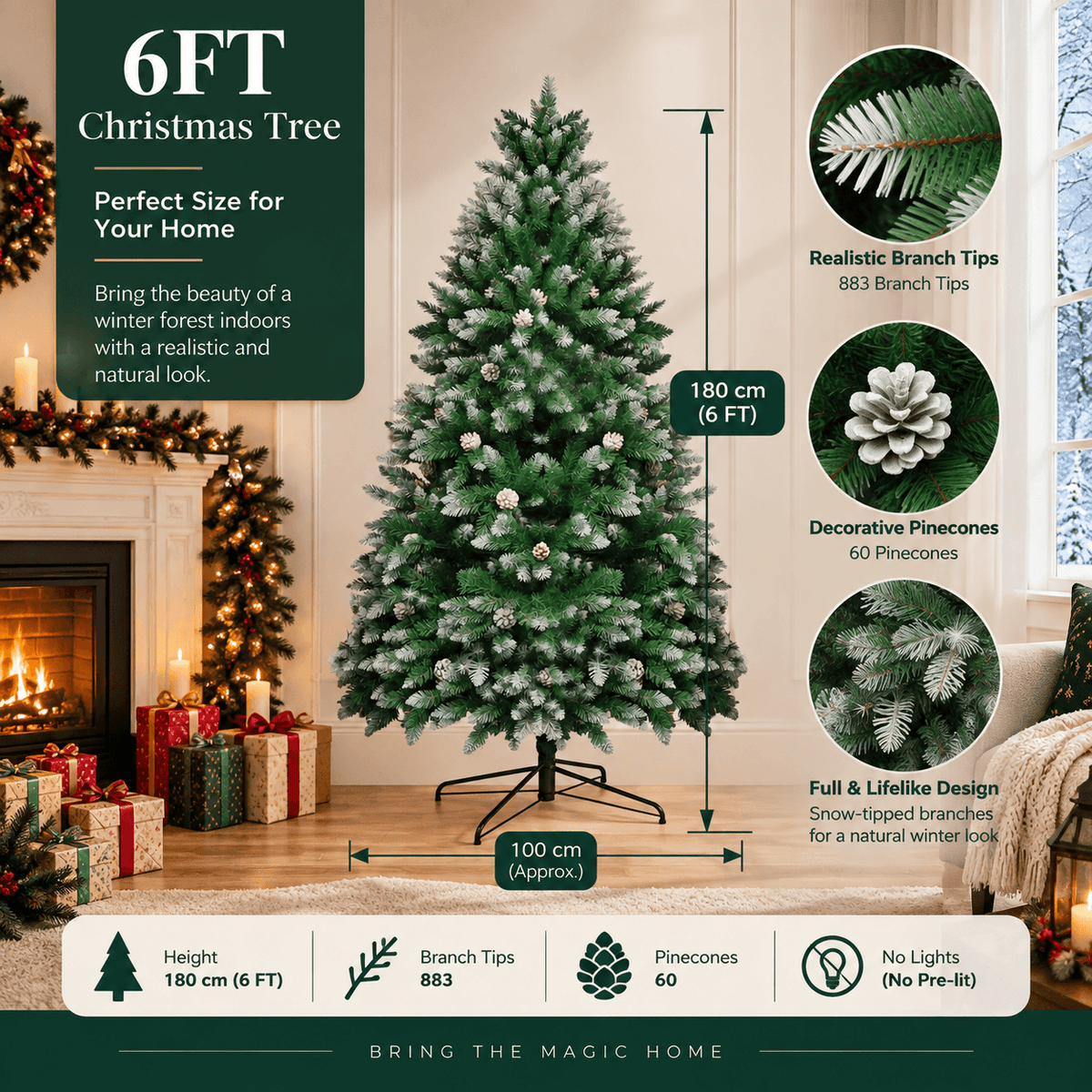 Snow-Flocked Artificial Christmas Tree with Pine Cones - Realistic Green Xmas Tree for Indoor Home Decoration