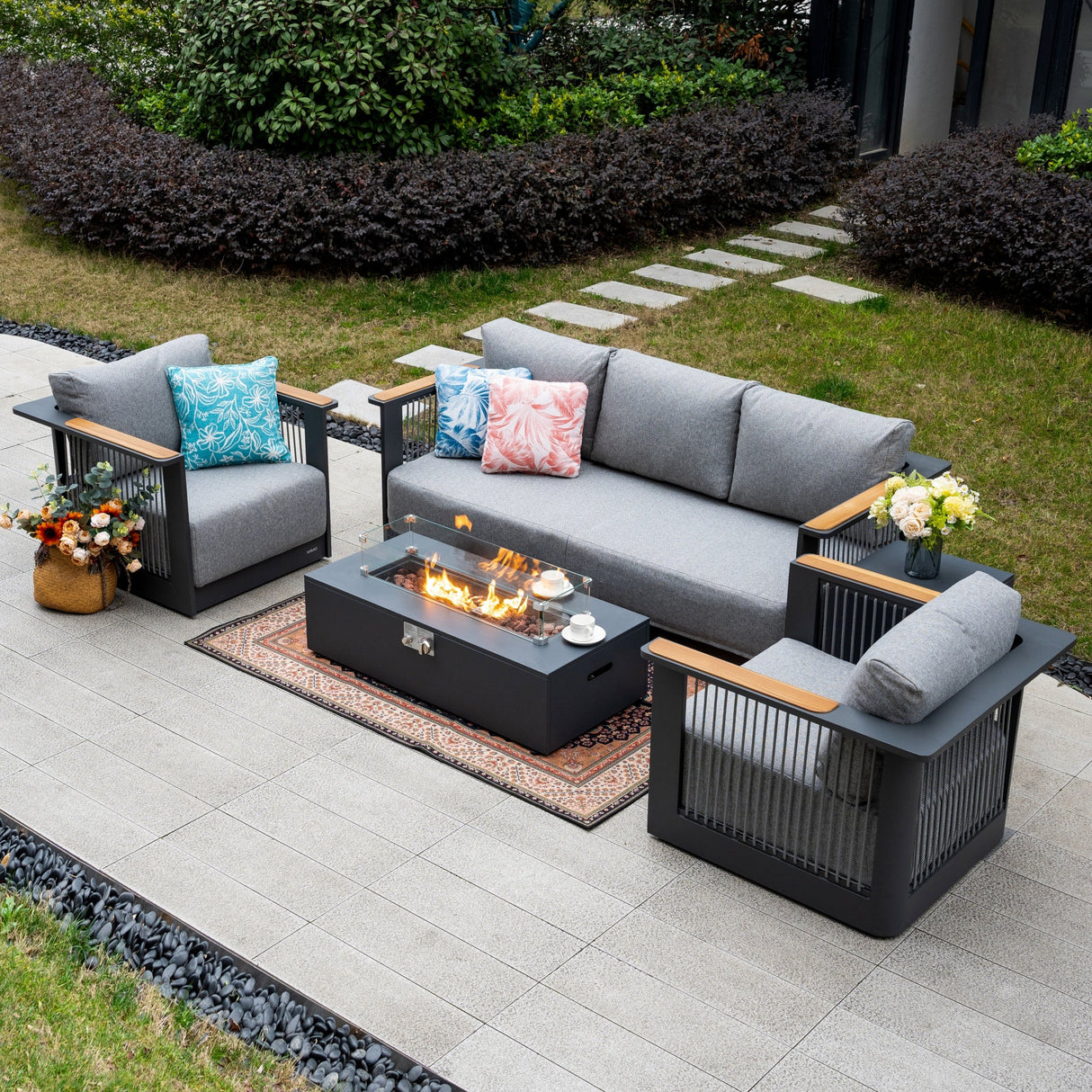 TALARA 5-Seater Aluminium Sofa Set with ZENITH Fire Pit Table