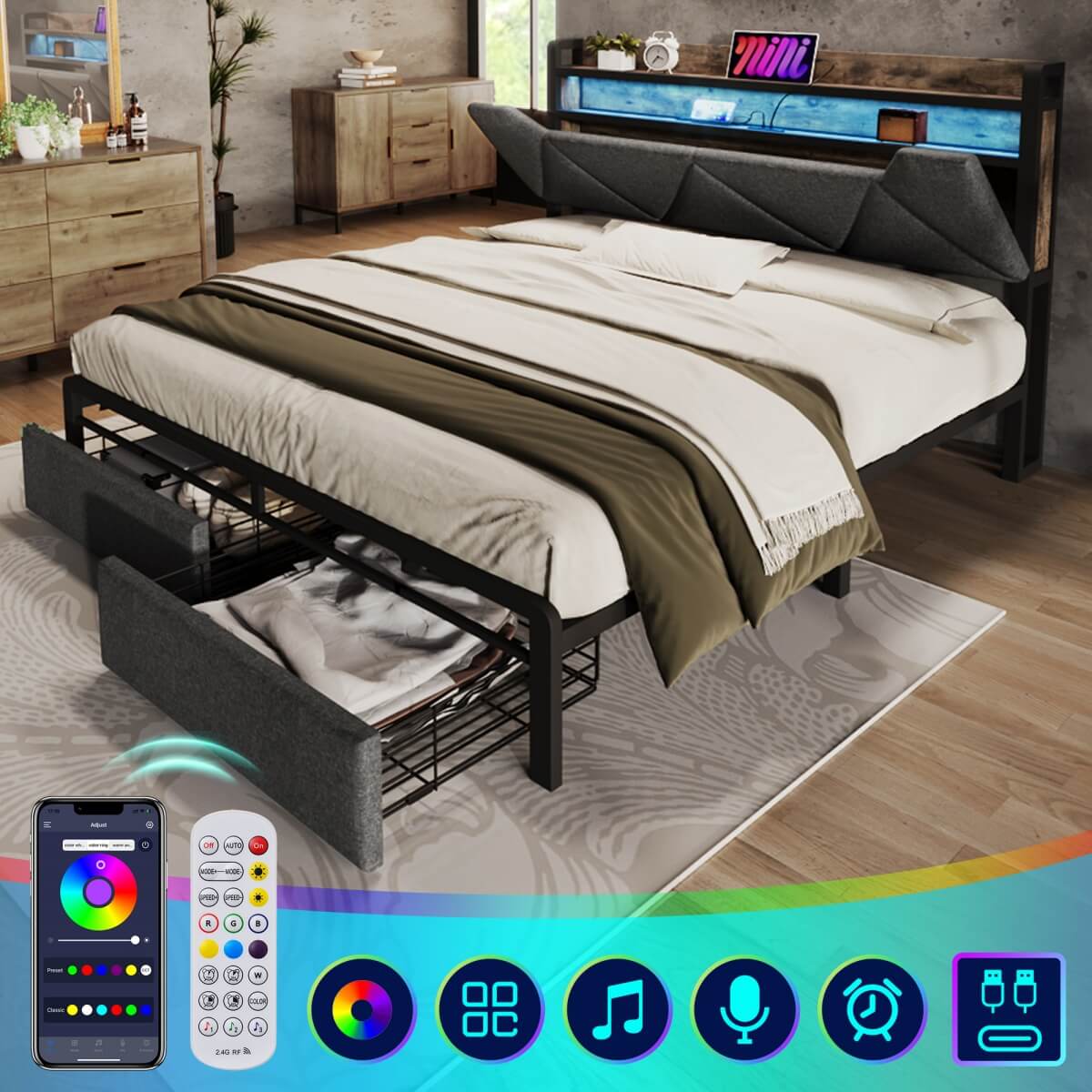 4FT6 Double Upholstered Storage Bed - LED Bed Frame with USB-C Charging & Storage Headboard