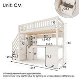 Single High Sleeper Bed with Desk and Storage Stairs - Wooden Loft Bed with Large Corner Desk, Shelves and Safety Guard Rails, White