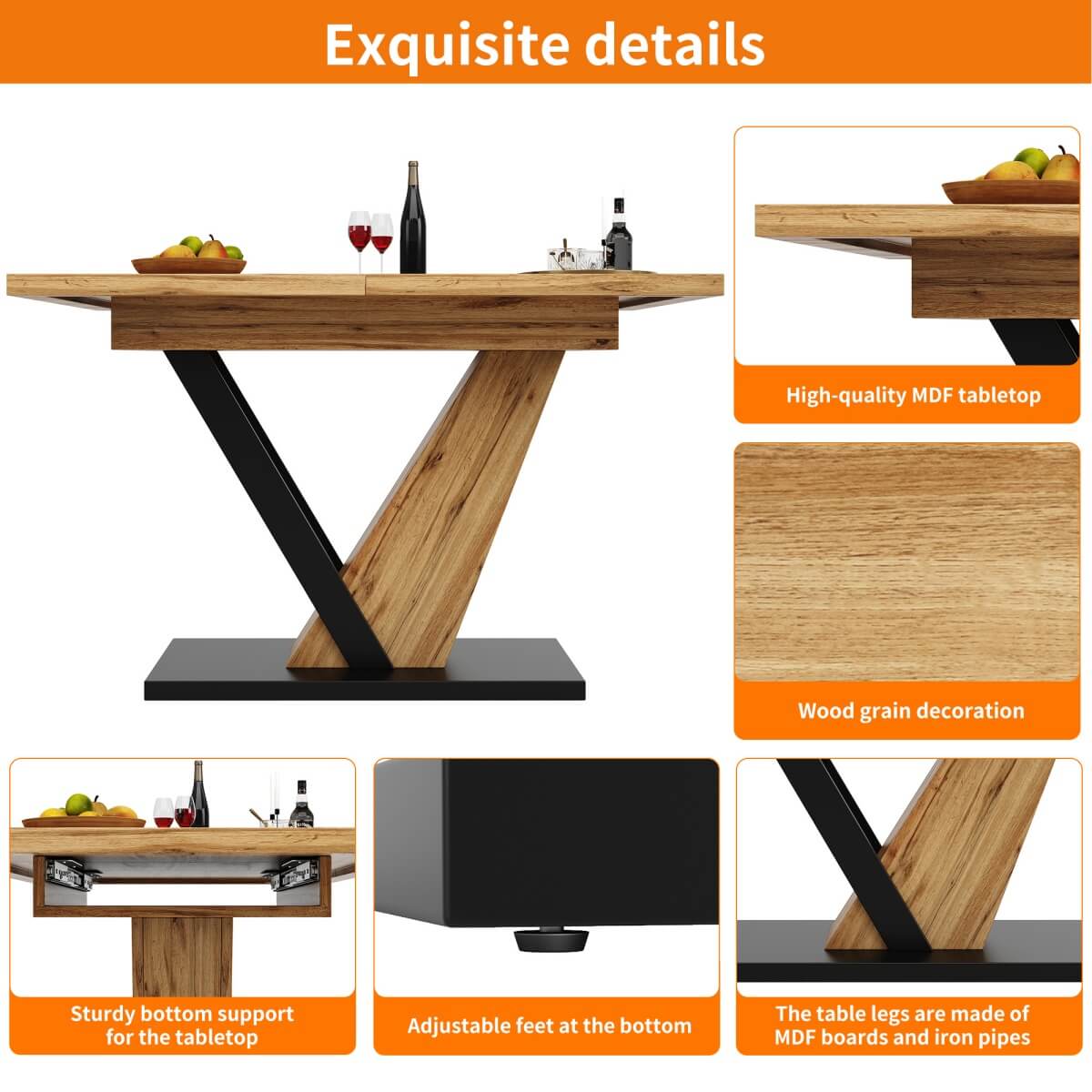 Extendable Dining Table – 120–160 cm Wood Grain Table for Kitchen & Living Roo