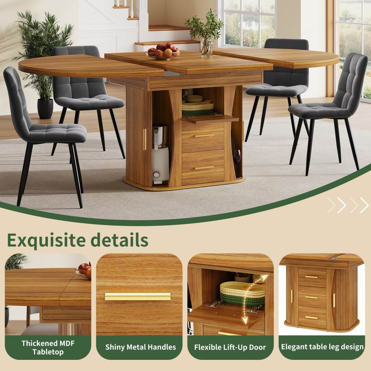 Extendable Round Dining Table 118–158cm - Kitchen Table Converts to Oval, Seats 6, 3-Tier Storage, Walnut