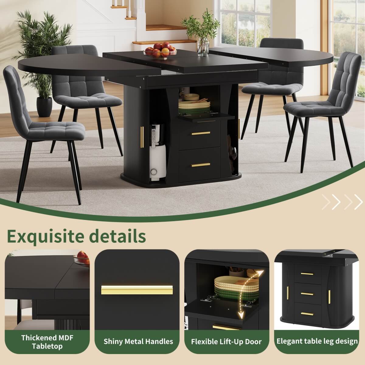 Extendable Round Dining Table 118–158cm - Kitchen Table Converts to Oval, Seats 6, 3-Tier Storage, Black