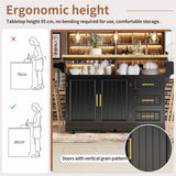 Black Kitchen Island with Extendable Dining Table - Rolling Kitchen Island with Storage Drawers, Vertical Slat Doors and Double Fold-Out Worktop
