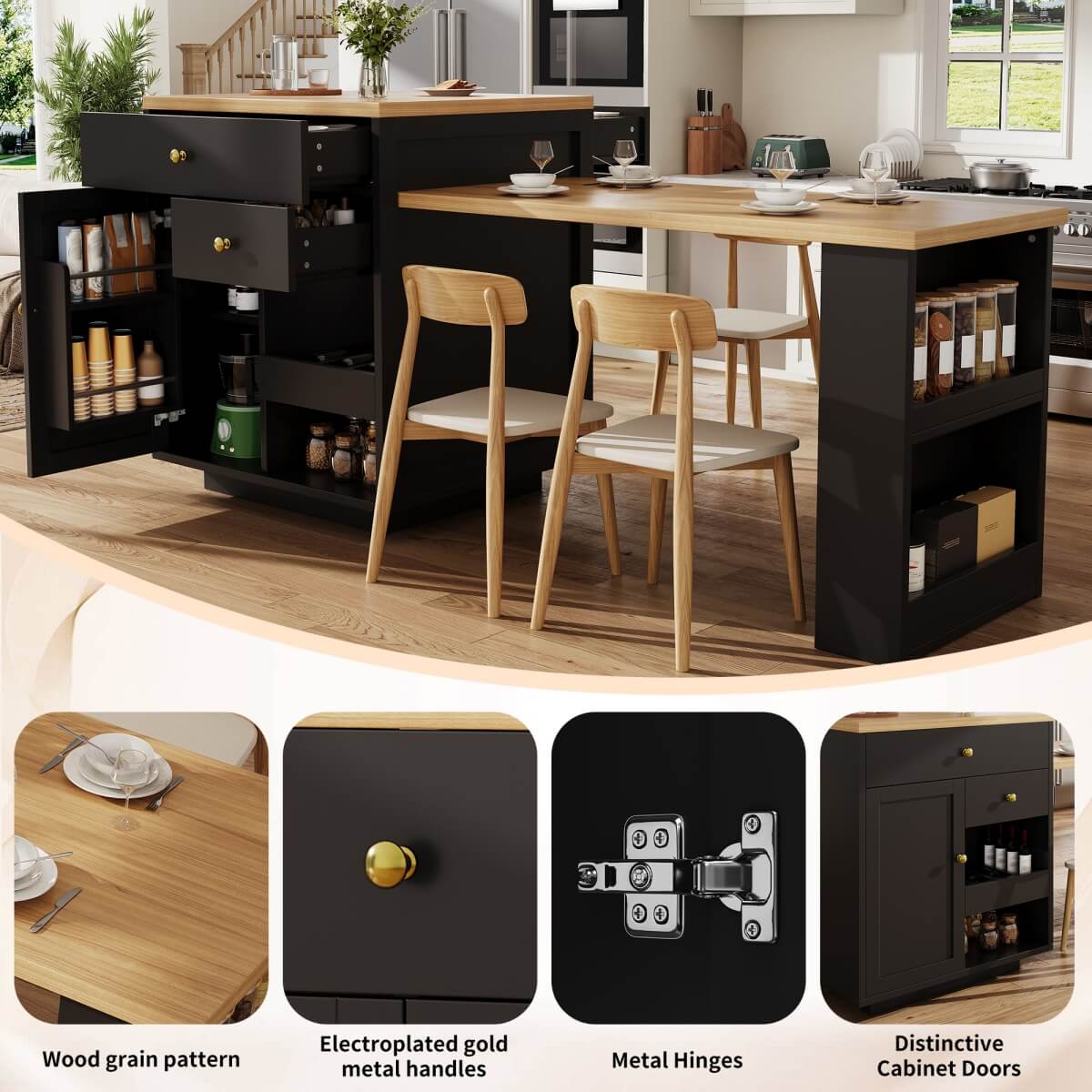Extendable Kitchen Island with Storage - 122.5–195.5cm Bar Table with 3 Drawers, Wine Rack & Side Shelves, Seats 2–6, Black