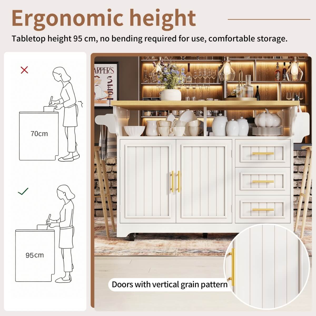 White Kitchen Island with Extendable Dining Table - Rolling Kitchen Island with Storage Drawers, Vertical Slat Doors and Double Fold-Out Worktop