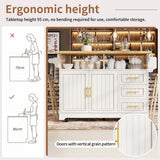 White Kitchen Island with Extendable Dining Table - Rolling Kitchen Island with Storage Drawers, Vertical Slat Doors and Double Fold-Out Worktop
