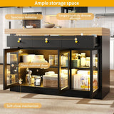 Extendable Kitchen Island - 120-200cm Dining Table with Storage, LED Lights, Drawers & Glass Cabinets, Black