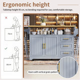 Blue Kitchen Island with Extendable Dining Table - Rolling Kitchen Island with Storage Drawers, Vertical Slat Doors and Double Fold-Out Worktop