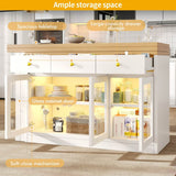 Extendable Kitchen Island with LED Lights - 120-200cm Dining Table with Storage, Drawers and Glass Cabinets, White
