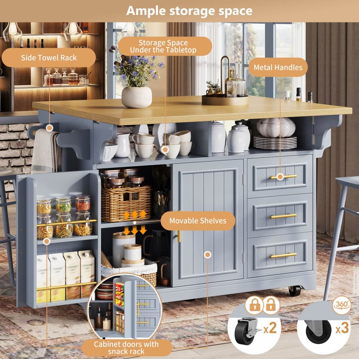Blue Kitchen Island with Extendable Dining Table - Rolling Kitchen Island with Storage Drawers, Vertical Slat Doors and Double Fold-Out Worktop