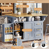 Blue Kitchen Island with Extendable Dining Table - Rolling Kitchen Island with Storage Drawers, Vertical Slat Doors and Double Fold-Out Worktop